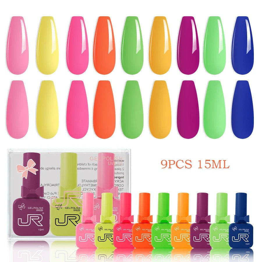 9-Piece Gel Nail Polish Set – Red, Pink & Nude Shades (15ml)