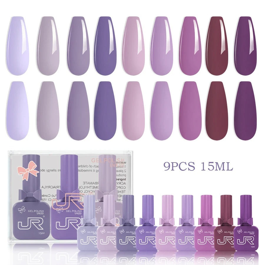 9-Piece Gel Nail Polish Set – Red, Pink & Nude Shades (15ml)