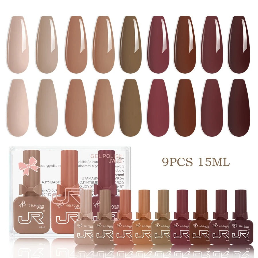 9-Piece Gel Nail Polish Set – Red, Pink & Nude Shades (15ml)