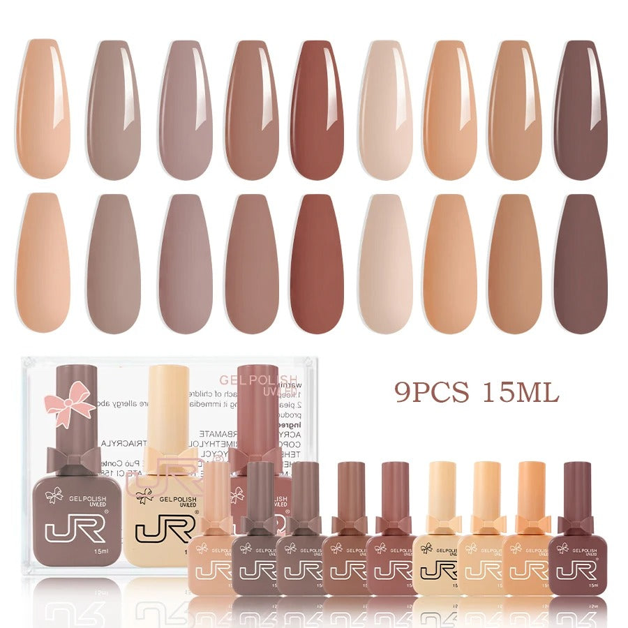 9-Piece Gel Nail Polish Set – Red, Pink & Nude Shades (15ml)