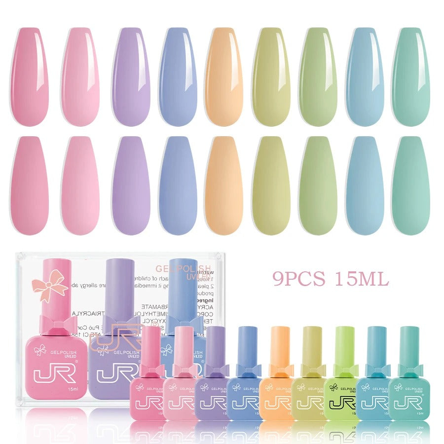 9-Piece Gel Nail Polish Set – Red, Pink & Nude Shades (15ml)