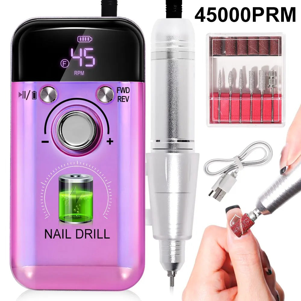 Rechargeable Electric Nail Drill – 45,000 RPM Portable File for Gel Nails