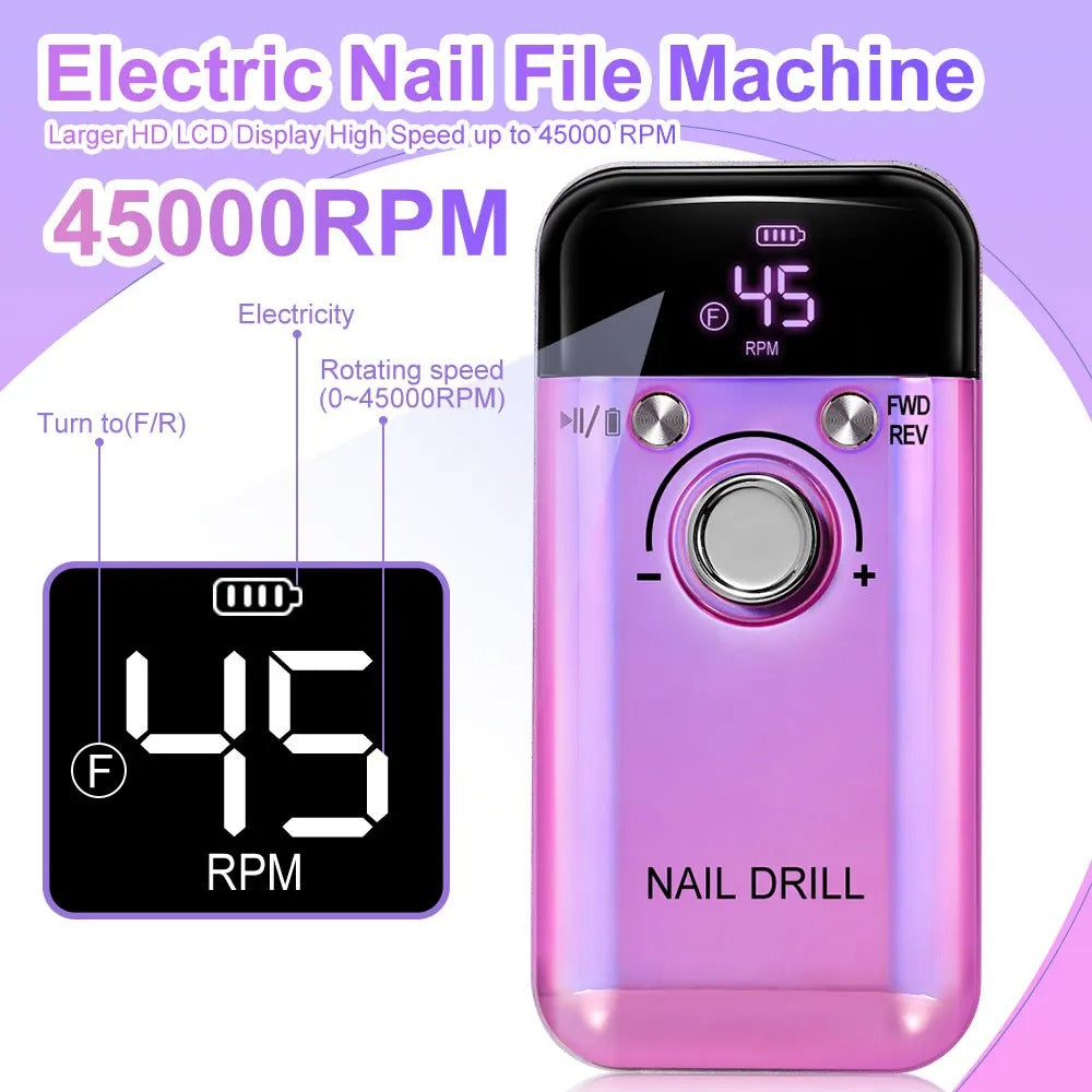 Rechargeable Electric Nail Drill – 45,000 RPM Portable File for Gel Nails