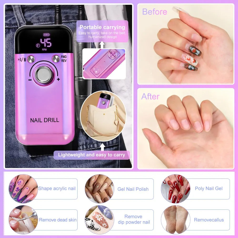 Rechargeable Electric Nail Drill – 45,000 RPM Portable File for Gel Nails