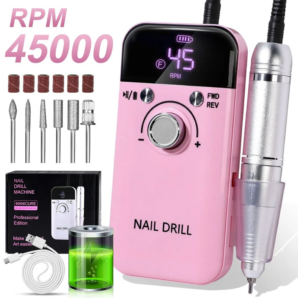 Rechargeable Electric Nail Drill – 45,000 RPM Portable File for Gel Nails