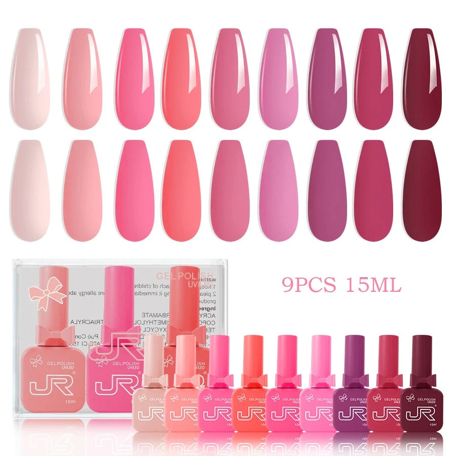 9-Piece Gel Nail Polish Set – Red, Pink & Nude Shades (15ml)