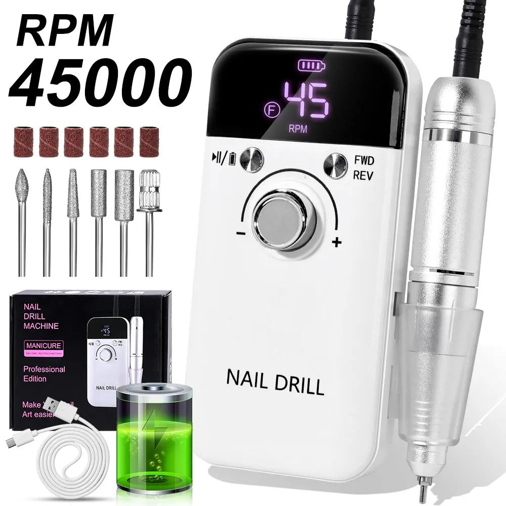 Rechargeable Electric Nail Drill – 45,000 RPM Portable File for Gel Nails