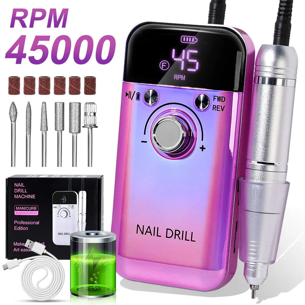 Rechargeable Electric Nail Drill – 45,000 RPM Portable File for Gel Nails