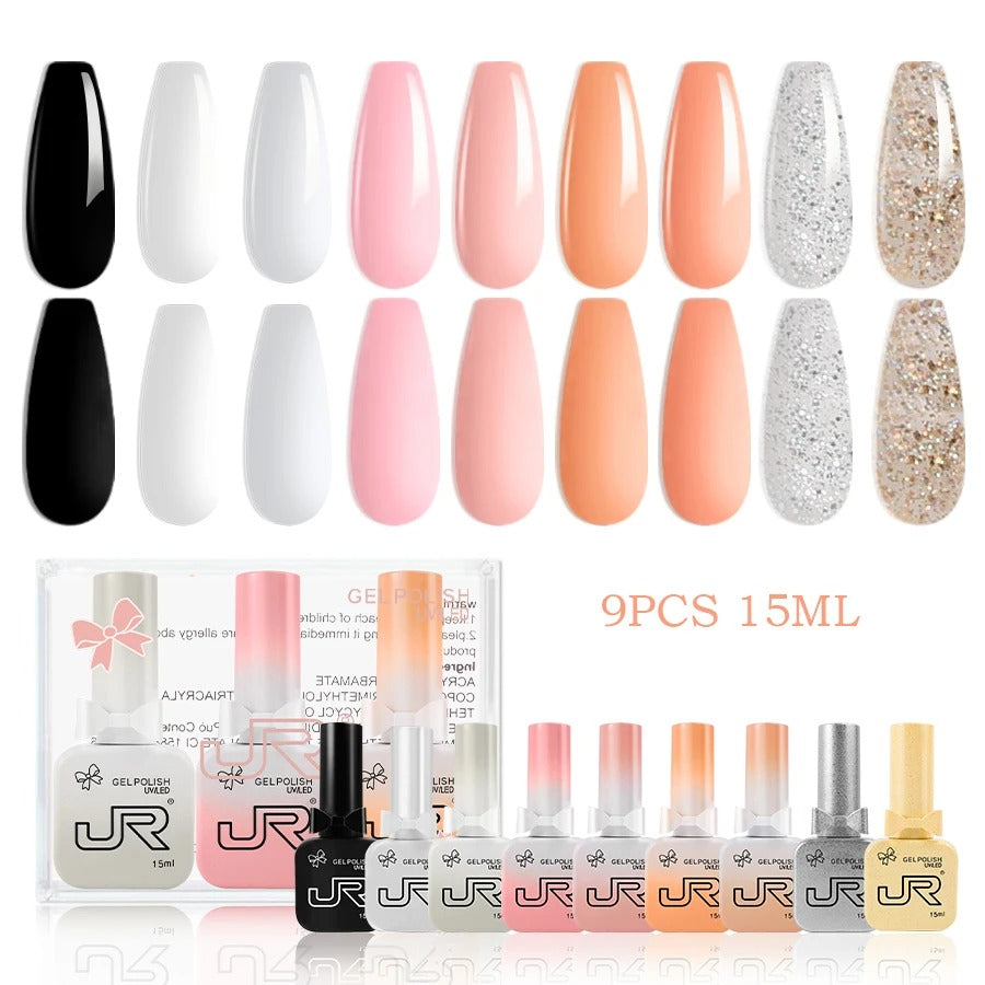 9-Piece Gel Nail Polish Set – Red, Pink & Nude Shades (15ml)