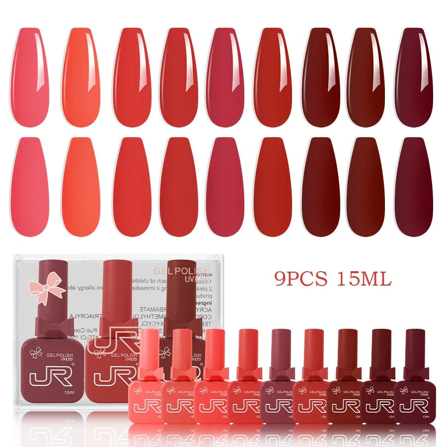 9-Piece Gel Nail Polish Set – Red, Pink & Nude Shades (15ml)