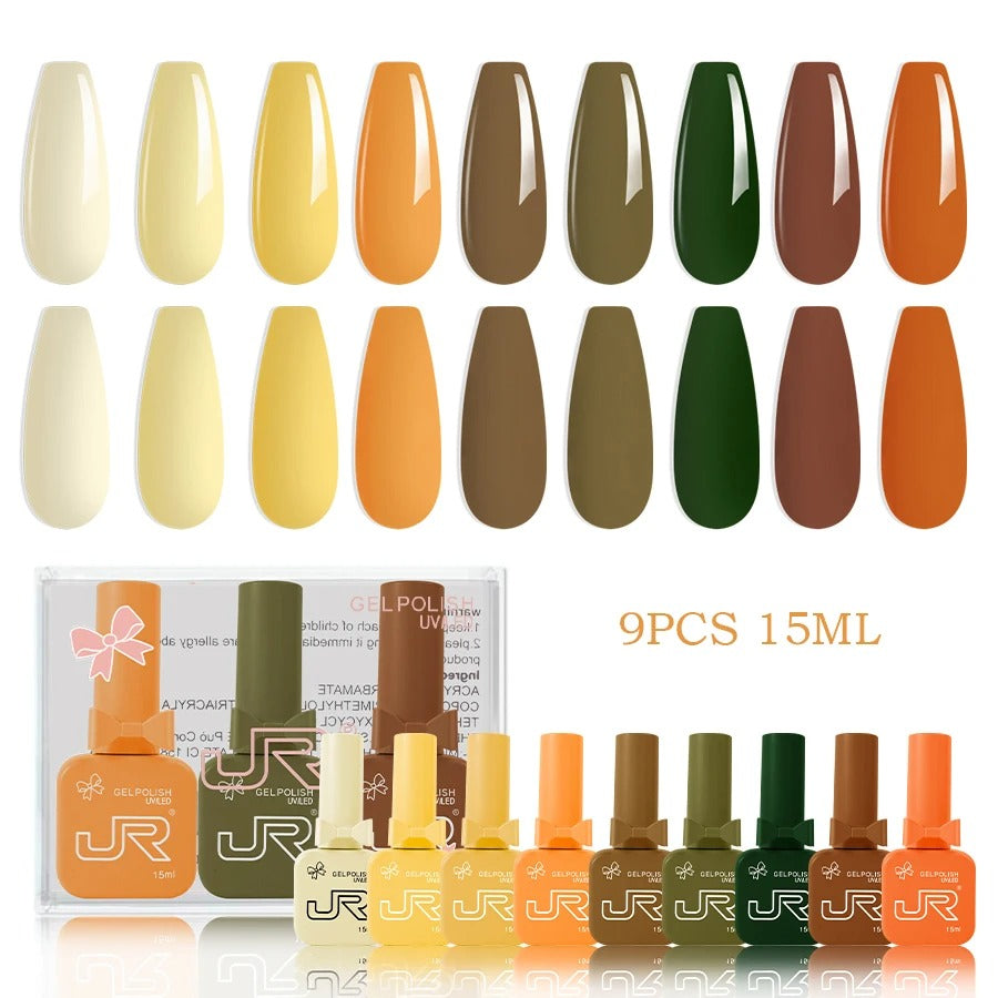 9-Piece Gel Nail Polish Set – Red, Pink & Nude Shades (15ml)