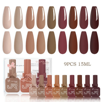 9-Piece Gel Nail Polish Set – Red, Pink & Nude Shades (15ml)