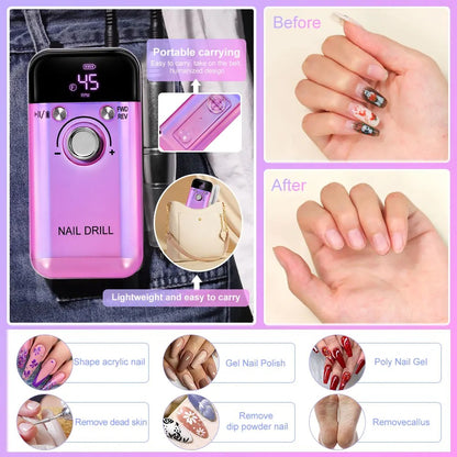 Rechargeable Electric Nail Drill – 45,000 RPM Portable File for Gel Nails