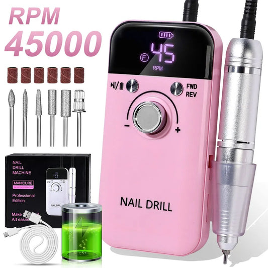 Rechargeable Electric Nail Drill – 45,000 RPM Portable File for Gel Nails