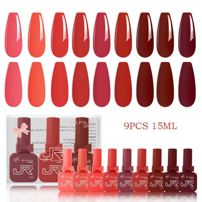 9-Piece Gel Nail Polish Set – Red, Pink & Nude Shades (15ml)